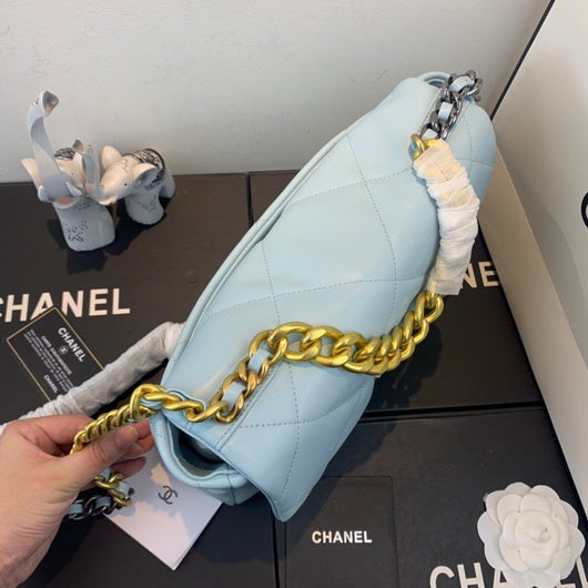 Chanel 19 Large Handbag Lambskin Gold AS1161 Light Blue
