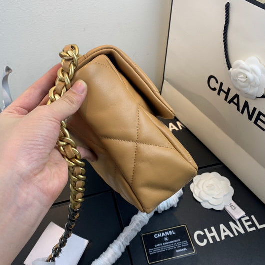 Chanel 19 Large Handbag Lambskin Gold AS1161 Tan