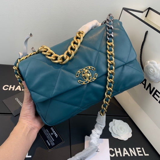Chanel 19 Large Handbag Lambskin Gold AS1161 Lake Blue - Default Title - View 1