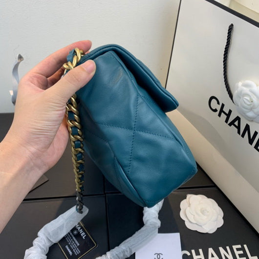 Chanel 19 Large Handbag Lambskin Gold AS1161 Lake Blue