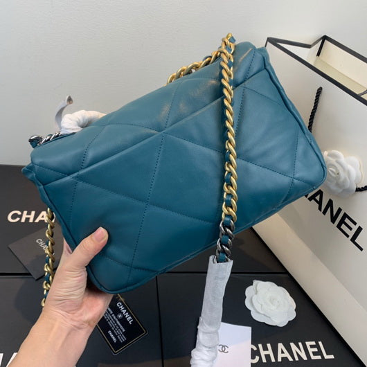 Chanel 19 Large Handbag Lambskin Gold AS1161 Lake Blue
