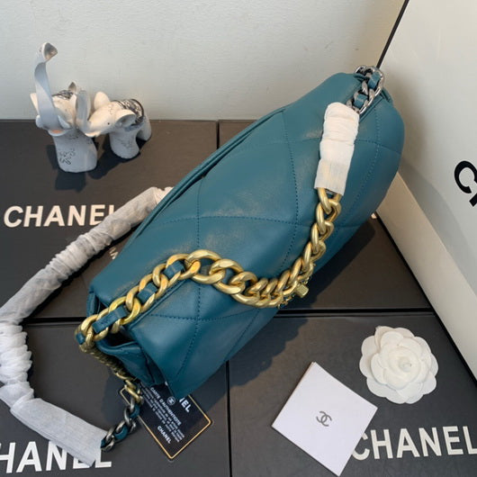 Chanel 19 Large Handbag Lambskin Gold AS1161 Lake Blue
