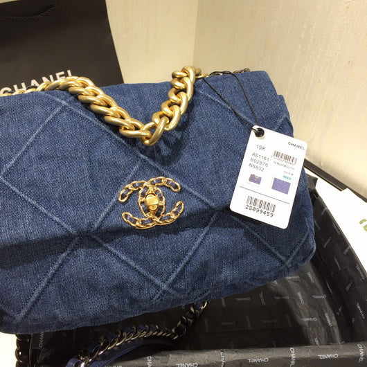 Chanel 19 Large Handbag Denim Canvas Gold AS1161 Blue