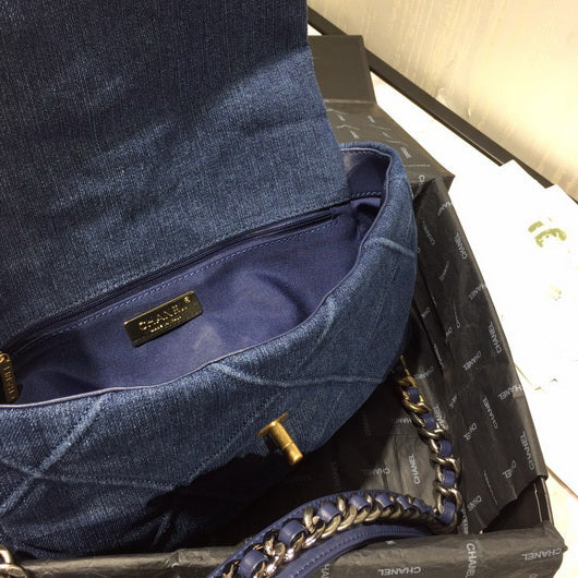 Chanel 19 Large Handbag Denim Canvas Gold AS1161 Blue