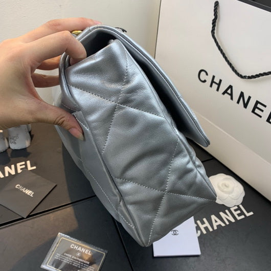 Chanel 19 Maxi Handbag Lambskin Gold AS1162 Silvery