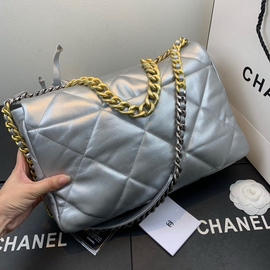 Chanel 19 Maxi Handbag Lambskin Gold AS1162 Silvery