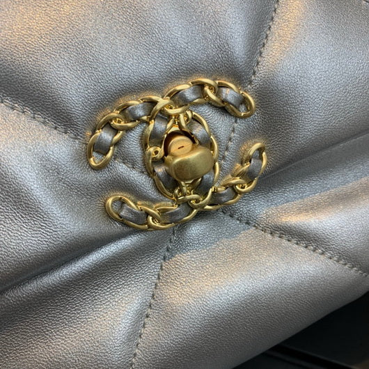 Chanel 19 Maxi Handbag Lambskin Gold AS1162 Silvery