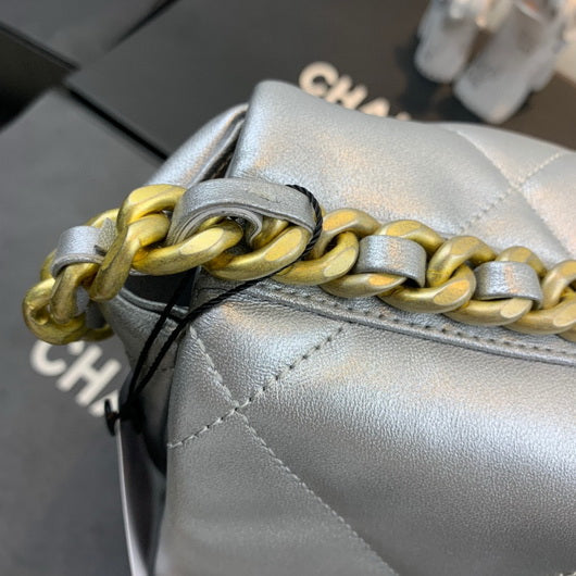 Chanel 19 Maxi Handbag Lambskin Gold AS1162 Silvery