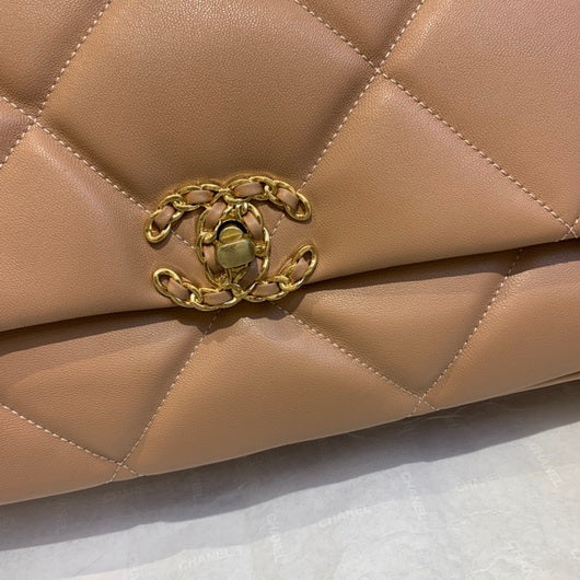 Chanel 19 Maxi Handbag Lambskin Gold AS1162 Tan