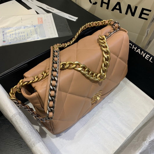 Chanel 19 Maxi Handbag Lambskin Gold AS1162 Tan