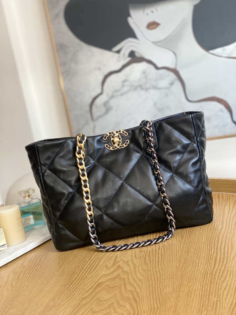 Chanel 19 Shopping Bag Shiny Lambskin AS3660 Gold-Tone  Silver-Tone & Ruthenium-Finish Metal Black