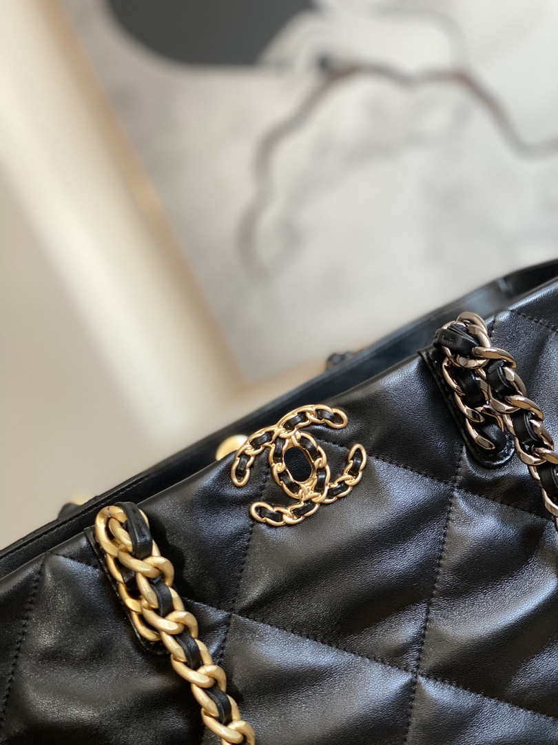 Chanel 19 Shopping Bag Shiny Lambskin AS3660 Gold-Tone  Silver-Tone & Ruthenium-Finish Metal Black