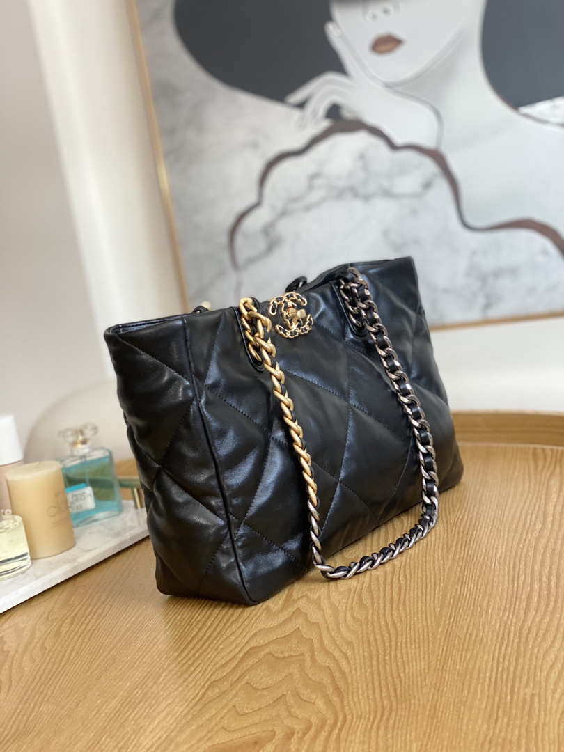 Chanel 19 Shopping Bag Shiny Lambskin AS3660 Gold-Tone  Silver-Tone & Ruthenium-Finish Metal Black