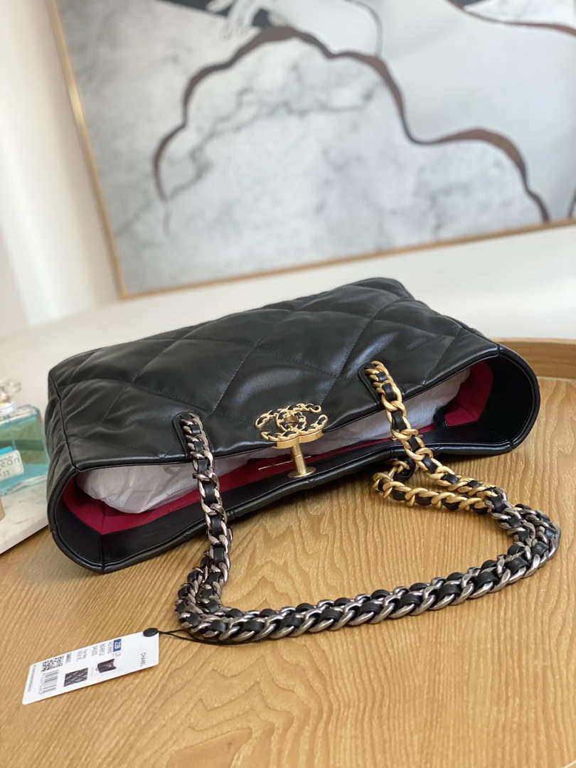Chanel 19 Shopping Bag Shiny Lambskin AS3660 Gold-Tone  Silver-Tone & Ruthenium-Finish Metal Black - Default Title - View 6