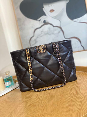 Chanel 19 Shopping Bag Shiny Lambskin AS3660 Gold-Tone  Silver-Tone & Ruthenium-Finish Metal Dark Brown - Default Title - View 1