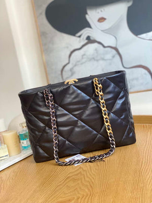 Chanel 19 Shopping Bag Shiny Lambskin AS3660 Gold-Tone  Silver-Tone & Ruthenium-Finish Metal Dark Brown - Default Title - View 2