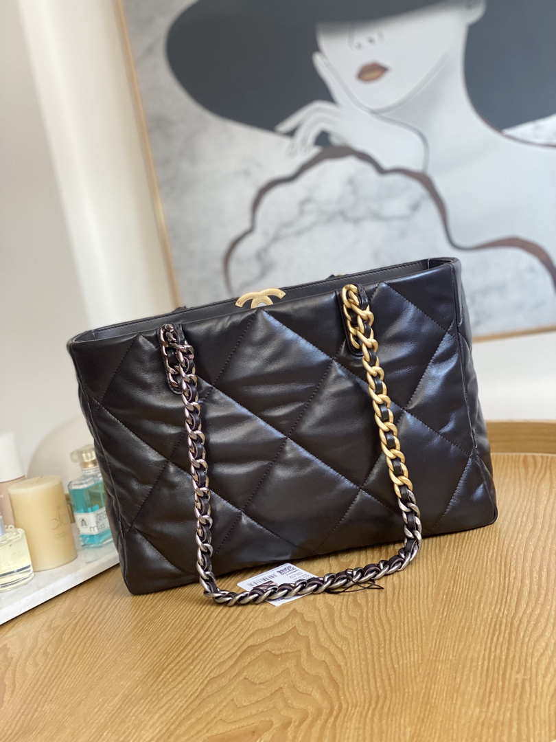 Chanel 19 Shopping Bag Shiny Lambskin AS3660 Gold-Tone  Silver-Tone & Ruthenium-Finish Metal Dark Brown - Default Title - View 2