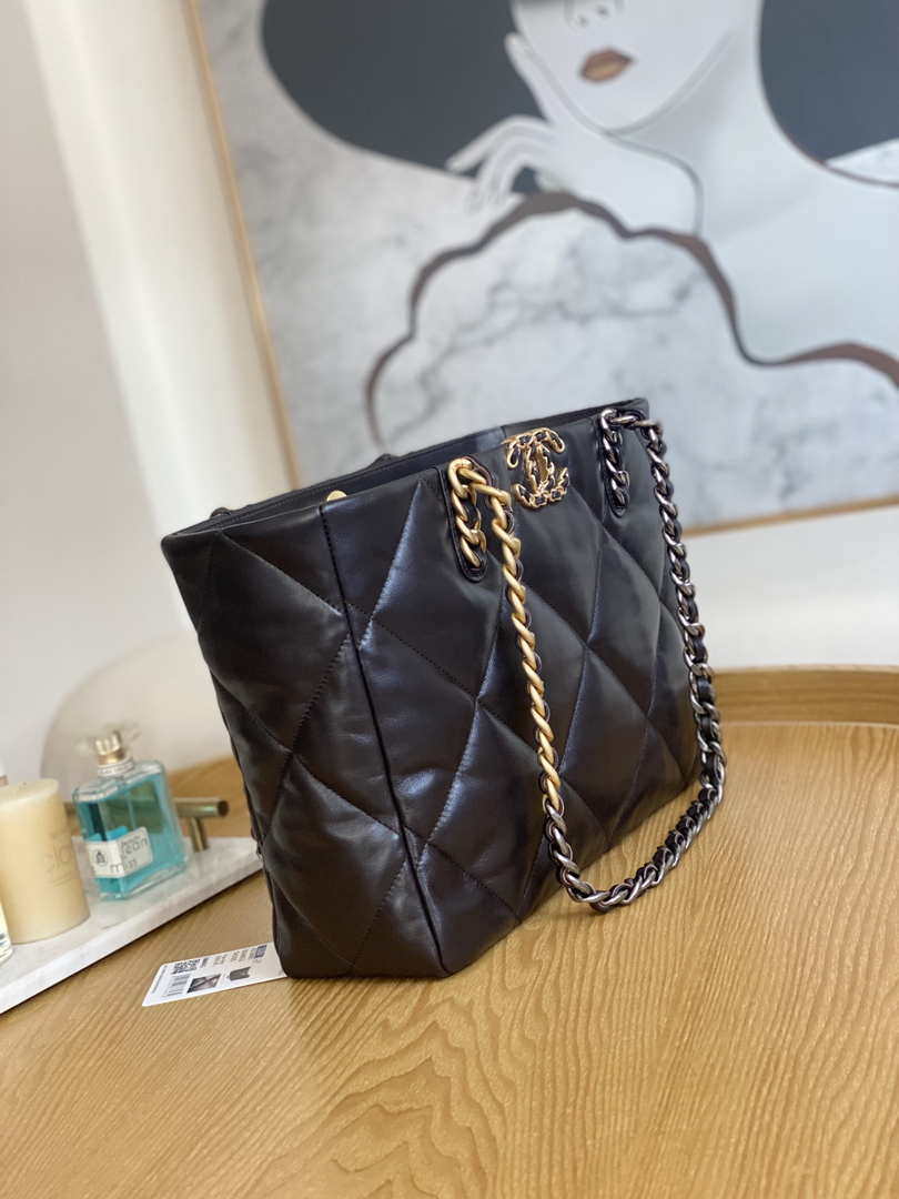 Chanel 19 Shopping Bag Shiny Lambskin AS3660 Gold-Tone  Silver-Tone & Ruthenium-Finish Metal Dark Brown