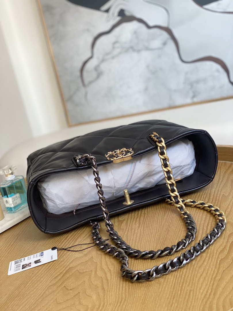 Chanel 19 Shopping Bag Shiny Lambskin AS3660 Gold-Tone  Silver-Tone & Ruthenium-Finish Metal Dark Brown