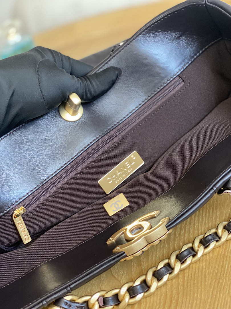 Chanel 19 Shopping Bag Shiny Lambskin AS3660 Gold-Tone  Silver-Tone & Ruthenium-Finish Metal Dark Brown