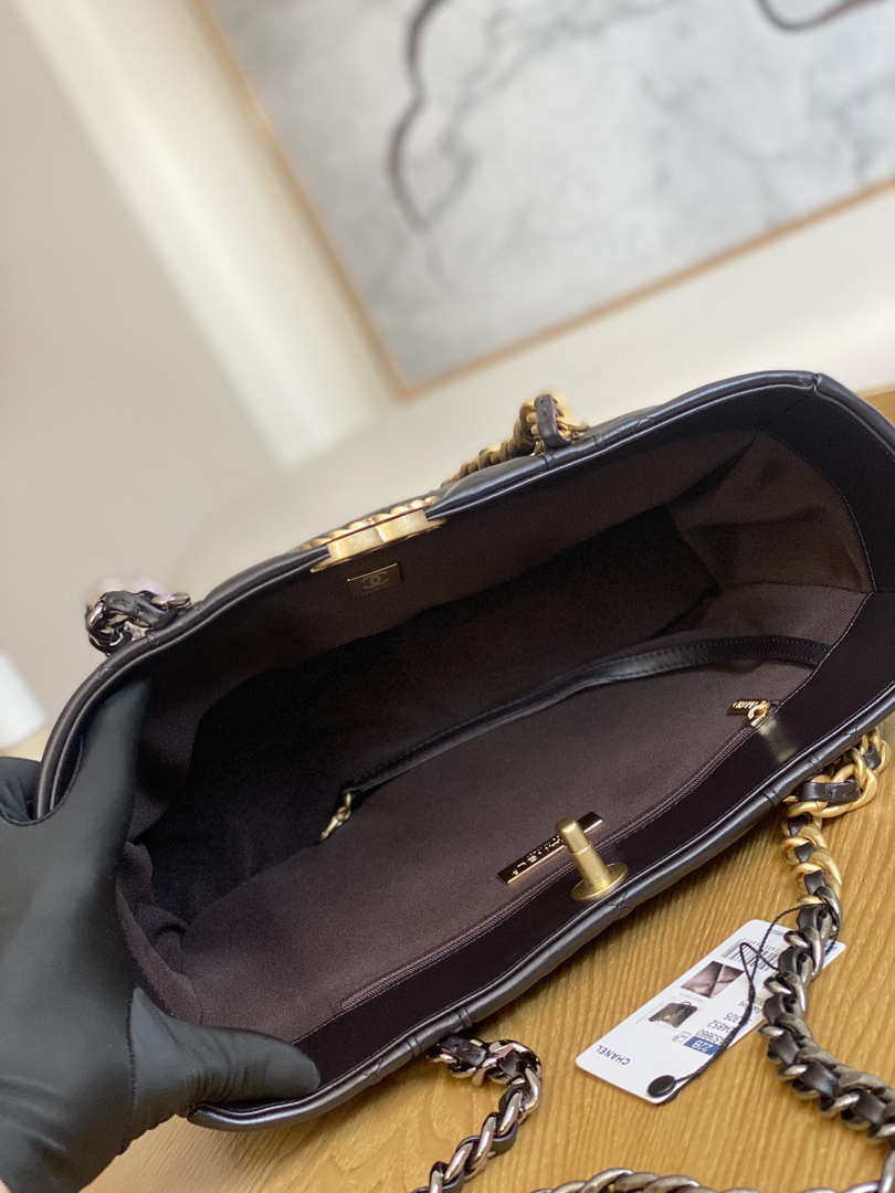 Chanel 19 Shopping Bag Shiny Lambskin AS3660 Gold-Tone  Silver-Tone & Ruthenium-Finish Metal Dark Brown