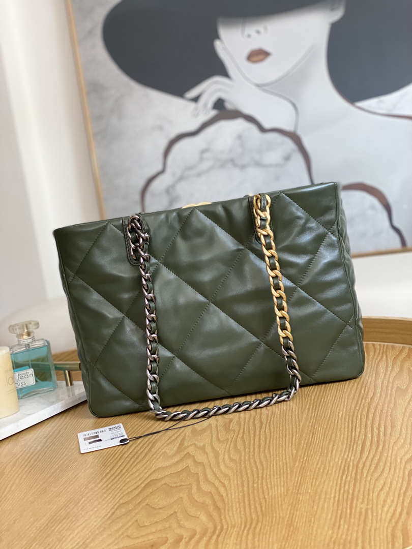 Chanel 19 Shopping Bag Shiny Lambskin AS3660 Gold-Tone  Silver-Tone & Ruthenium-Finish Metal Dark Green