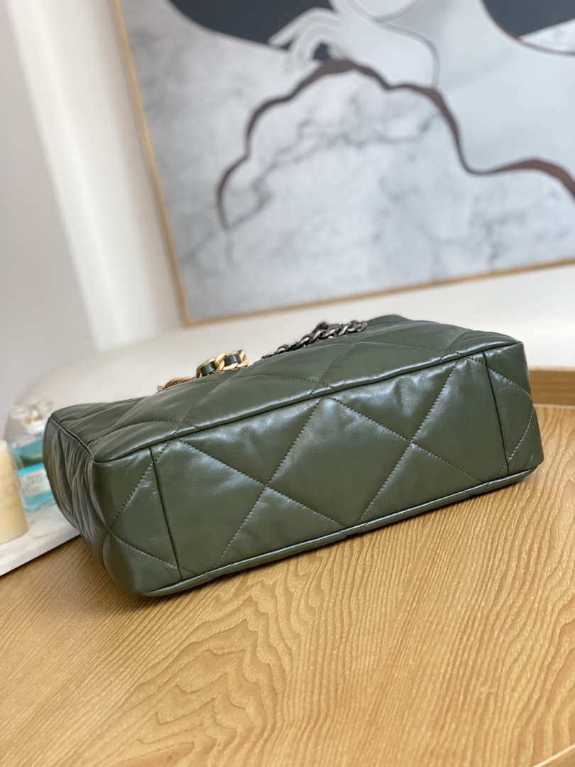 Chanel 19 Shopping Bag Shiny Lambskin AS3660 Gold-Tone  Silver-Tone & Ruthenium-Finish Metal Dark Green