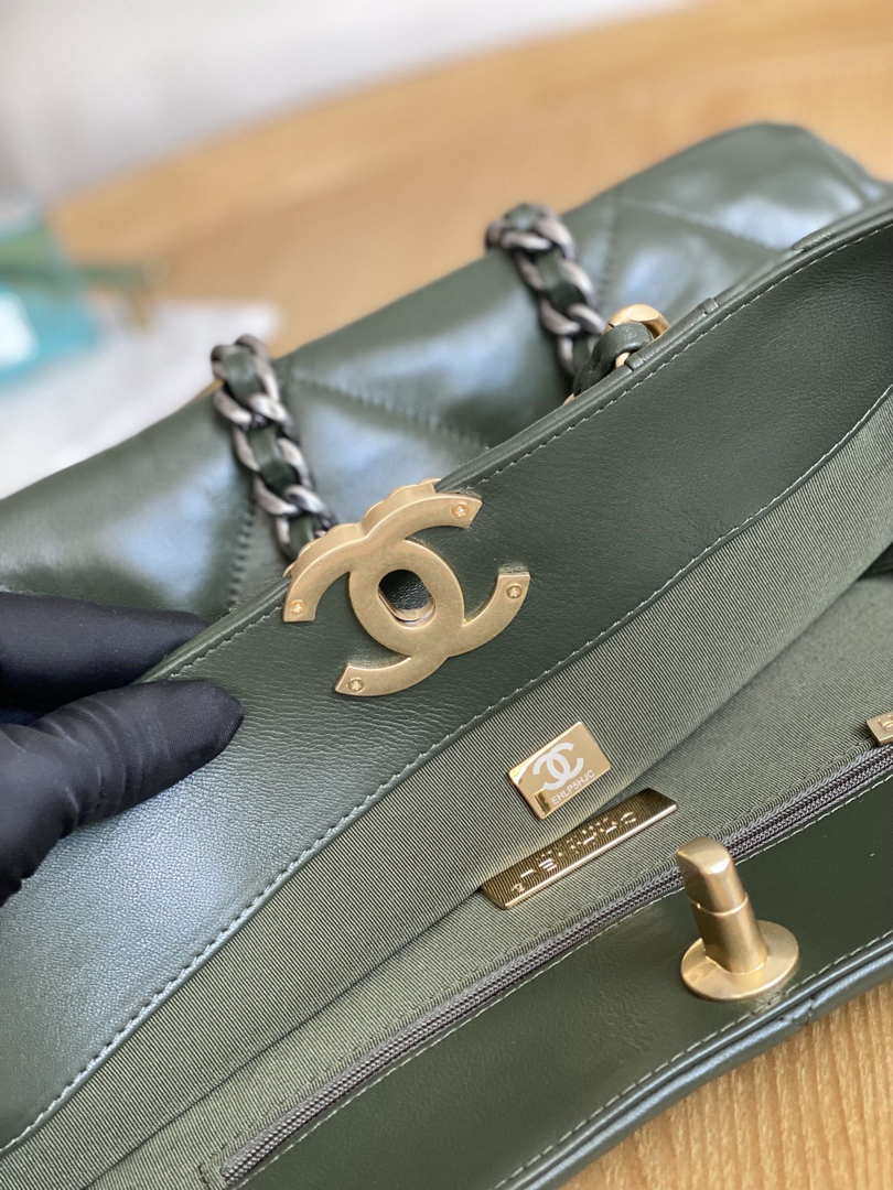 Chanel 19 Shopping Bag Shiny Lambskin AS3660 Gold-Tone  Silver-Tone & Ruthenium-Finish Metal Dark Green - Default Title - View 8