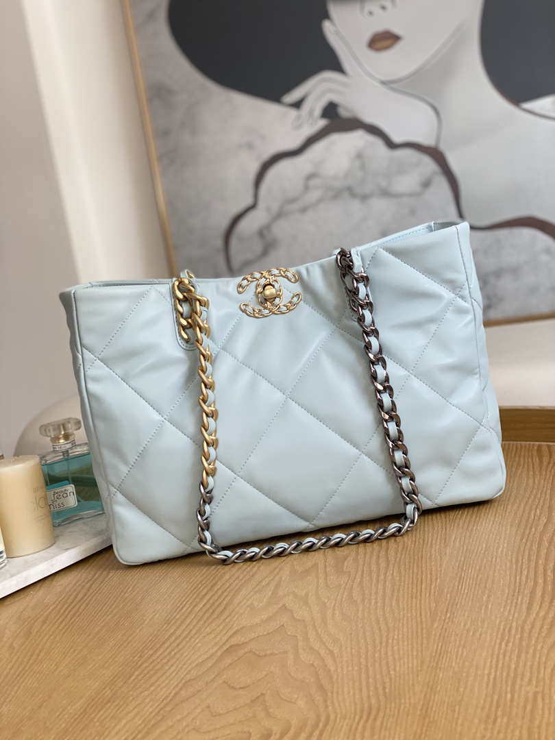 Chanel 19 Shopping Bag Shiny Lambskin AS3660 Gold-Tone  Silver-Tone & Ruthenium-Finish Metal Light Blue