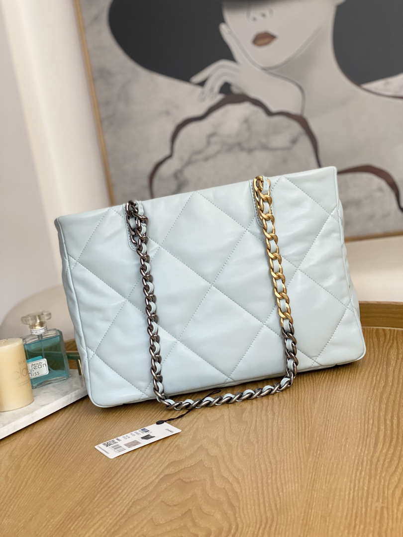 Chanel 19 Shopping Bag Shiny Lambskin AS3660 Gold-Tone  Silver-Tone & Ruthenium-Finish Metal Light Blue