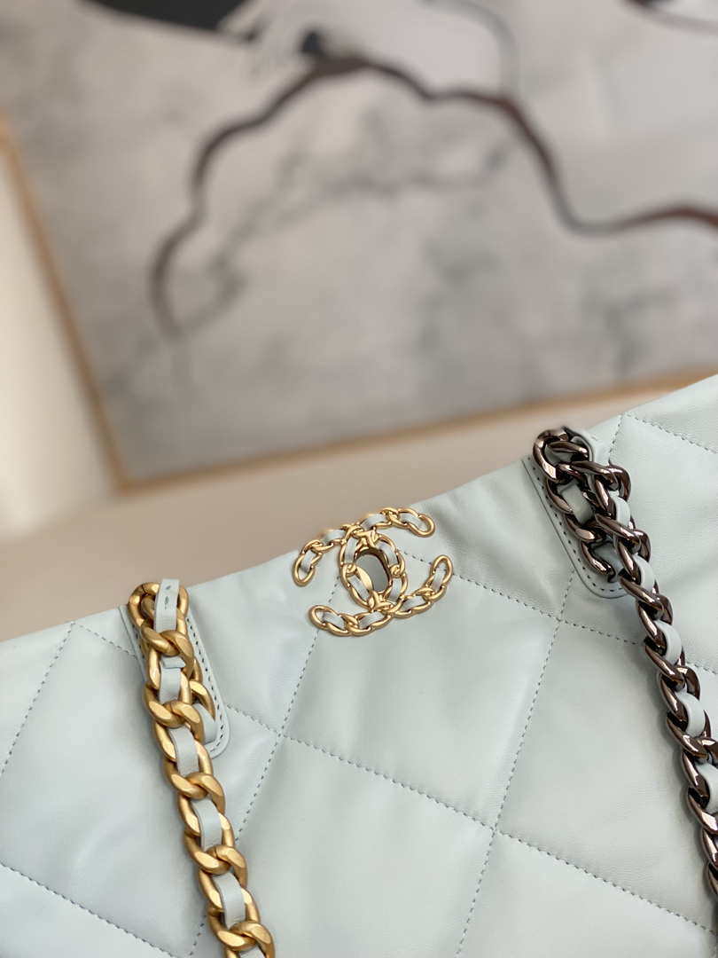 Chanel 19 Shopping Bag Shiny Lambskin AS3660 Gold-Tone  Silver-Tone & Ruthenium-Finish Metal Light Blue