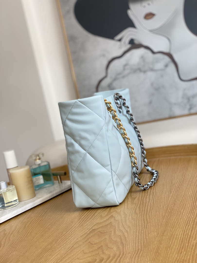 Chanel 19 Shopping Bag Shiny Lambskin AS3660 Gold-Tone  Silver-Tone & Ruthenium-Finish Metal Light Blue
