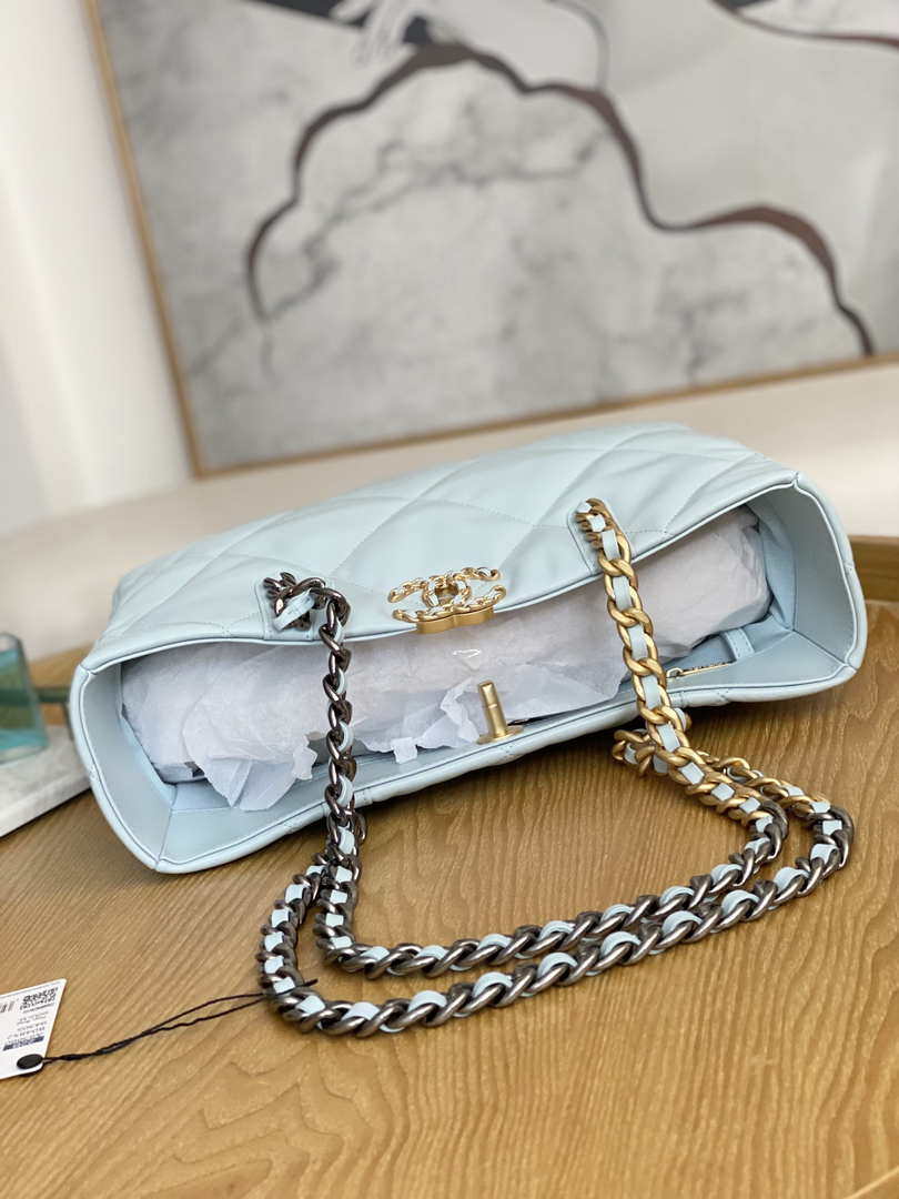 Chanel 19 Shopping Bag Shiny Lambskin AS3660 Gold-Tone  Silver-Tone & Ruthenium-Finish Metal Light Blue - Default Title - View 5