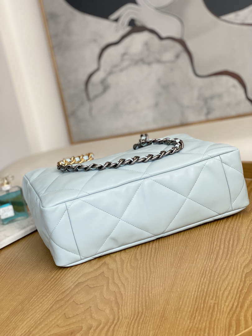 Chanel 19 Shopping Bag Shiny Lambskin AS3660 Gold-Tone  Silver-Tone & Ruthenium-Finish Metal Light Blue