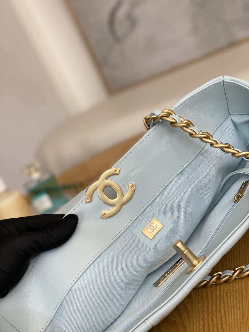 Chanel 19 Shopping Bag Shiny Lambskin AS3660 Gold-Tone  Silver-Tone & Ruthenium-Finish Metal Light Blue