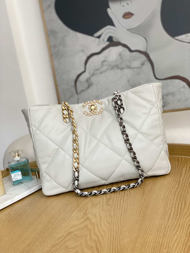 Chanel 19 Shopping Bag Shiny Lambskin AS3660 Gold-Tone  Silver-Tone & Ruthenium-Finish Metal Light Gray