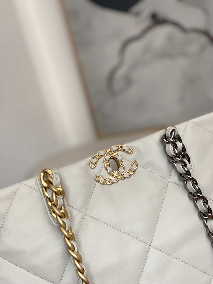 Chanel 19 Shopping Bag Shiny Lambskin AS3660 Gold-Tone  Silver-Tone & Ruthenium-Finish Metal Light Gray