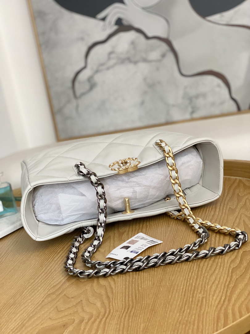 Chanel 19 Shopping Bag Shiny Lambskin AS3660 Gold-Tone  Silver-Tone & Ruthenium-Finish Metal Light Gray