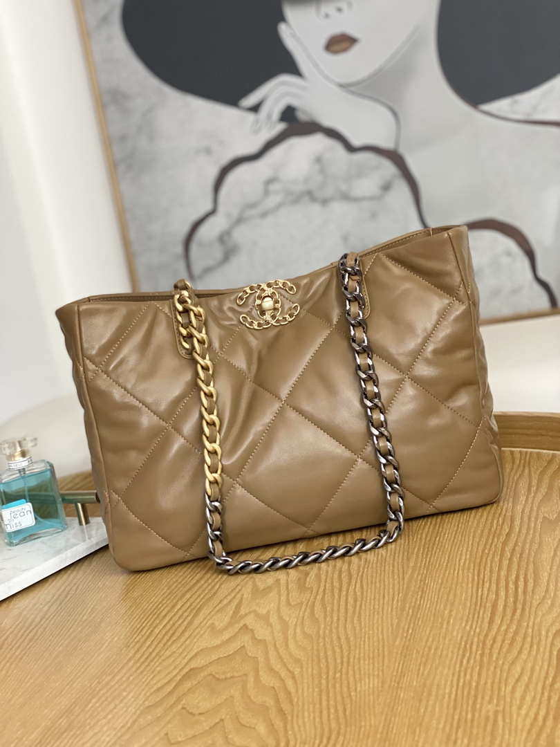 Chanel 19 Shopping Bag Shiny Lambskin AS3660 Gold-Tone  Silver-Tone & Ruthenium-Finish Metal Tan