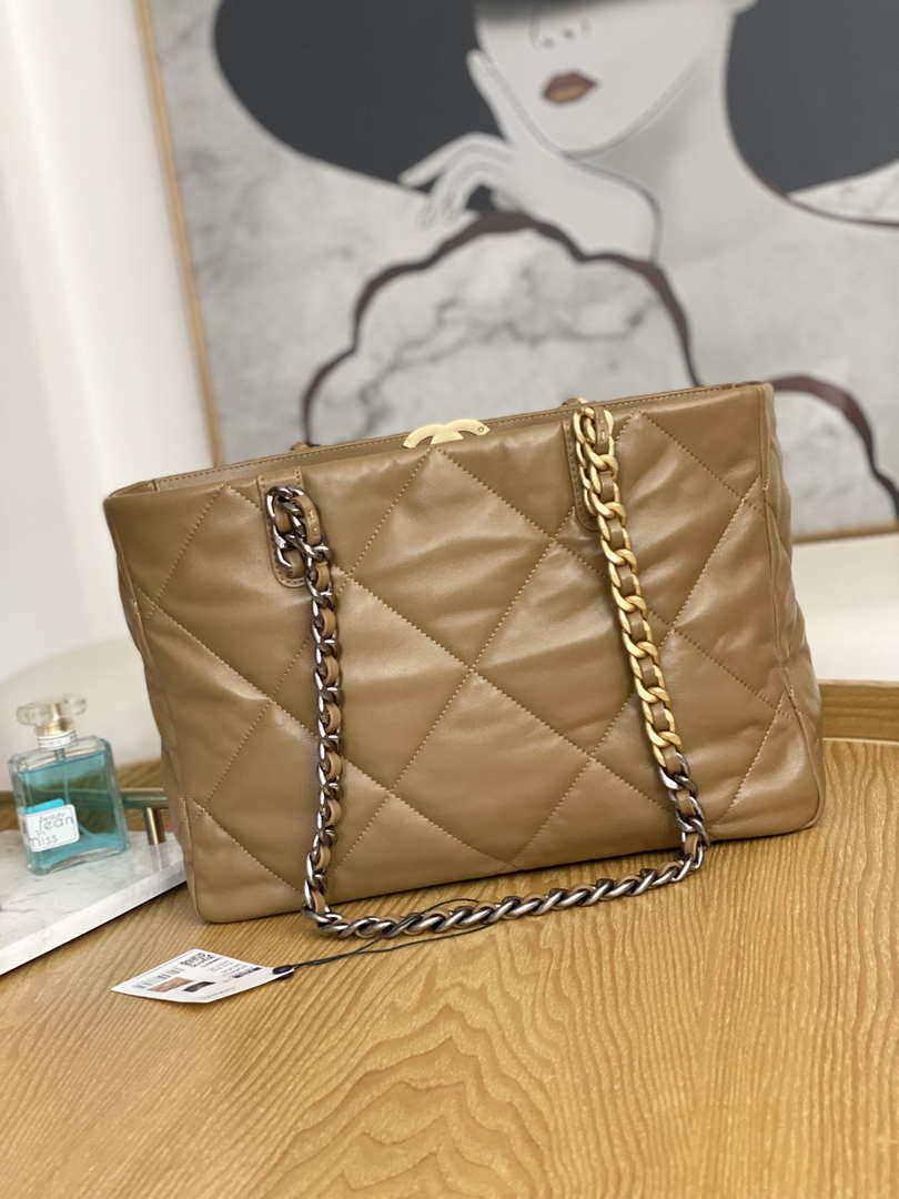 Chanel 19 Shopping Bag Shiny Lambskin AS3660 Gold-Tone  Silver-Tone & Ruthenium-Finish Metal Tan