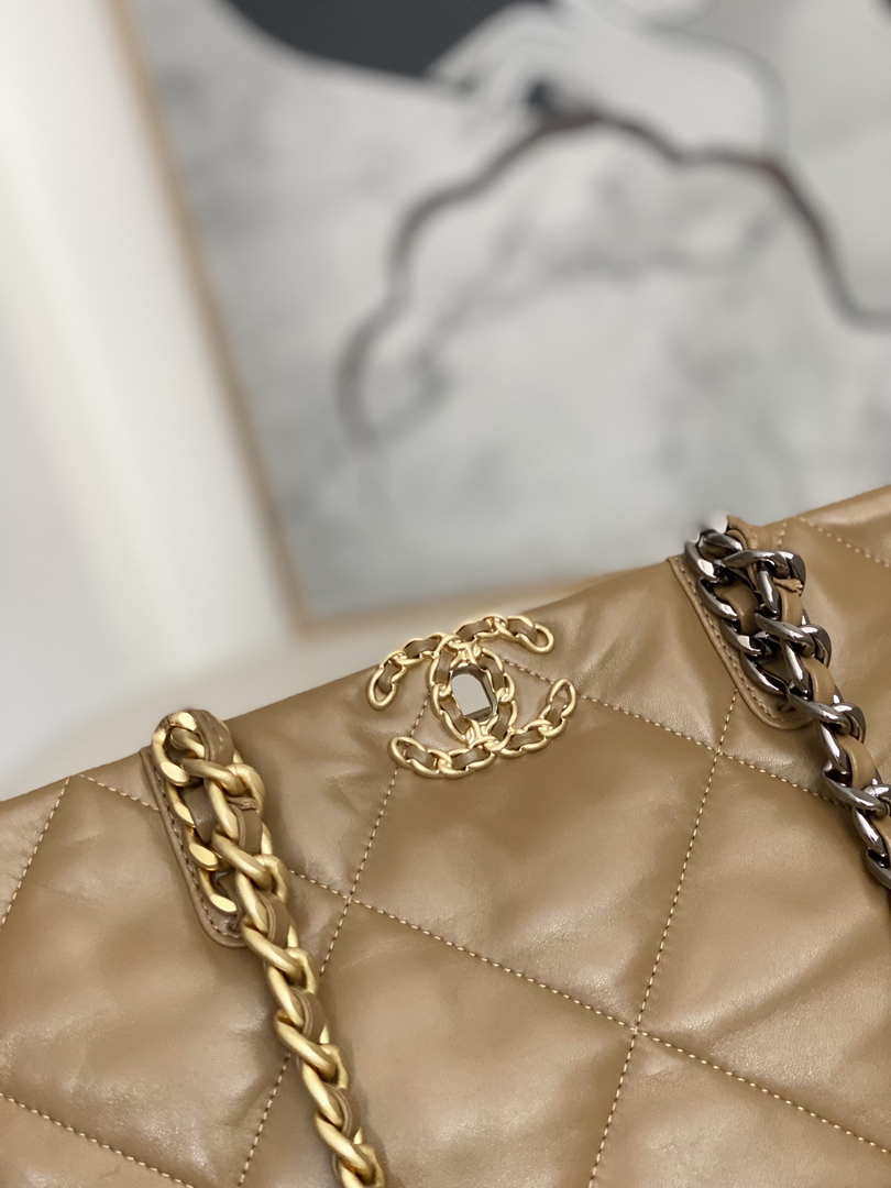 Chanel 19 Shopping Bag Shiny Lambskin AS3660 Gold-Tone  Silver-Tone & Ruthenium-Finish Metal Tan - Default Title - View 3