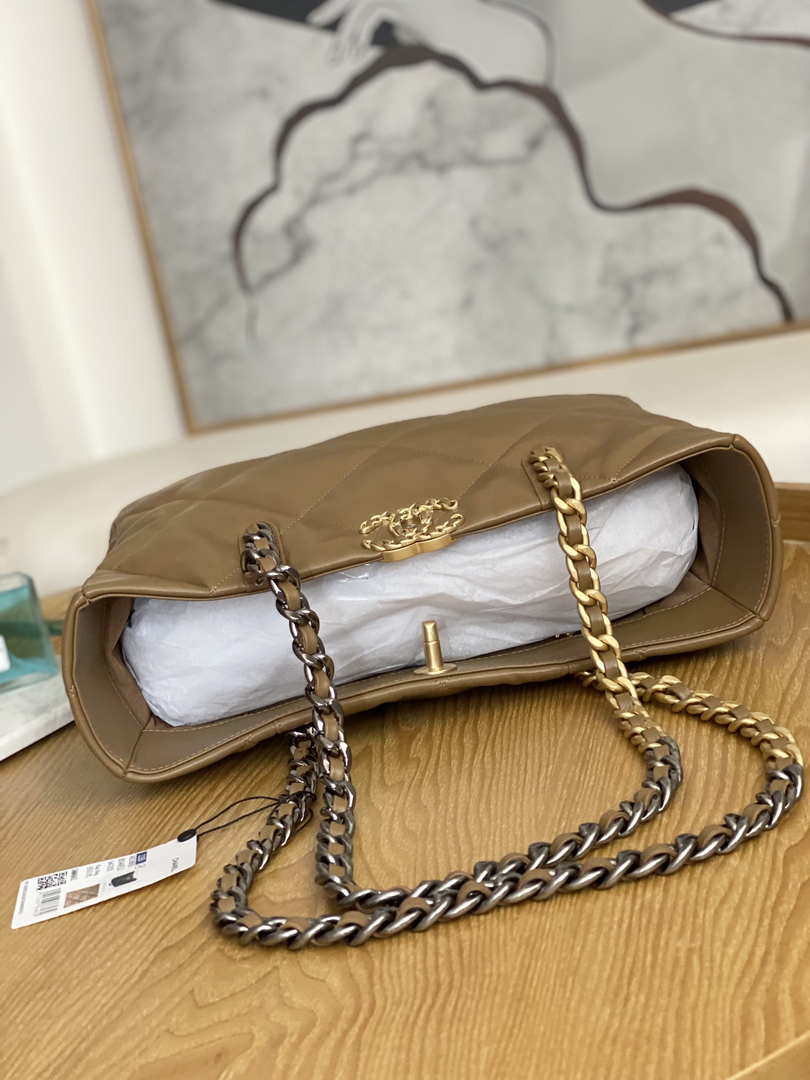 Chanel 19 Shopping Bag Shiny Lambskin AS3660 Gold-Tone  Silver-Tone & Ruthenium-Finish Metal Tan