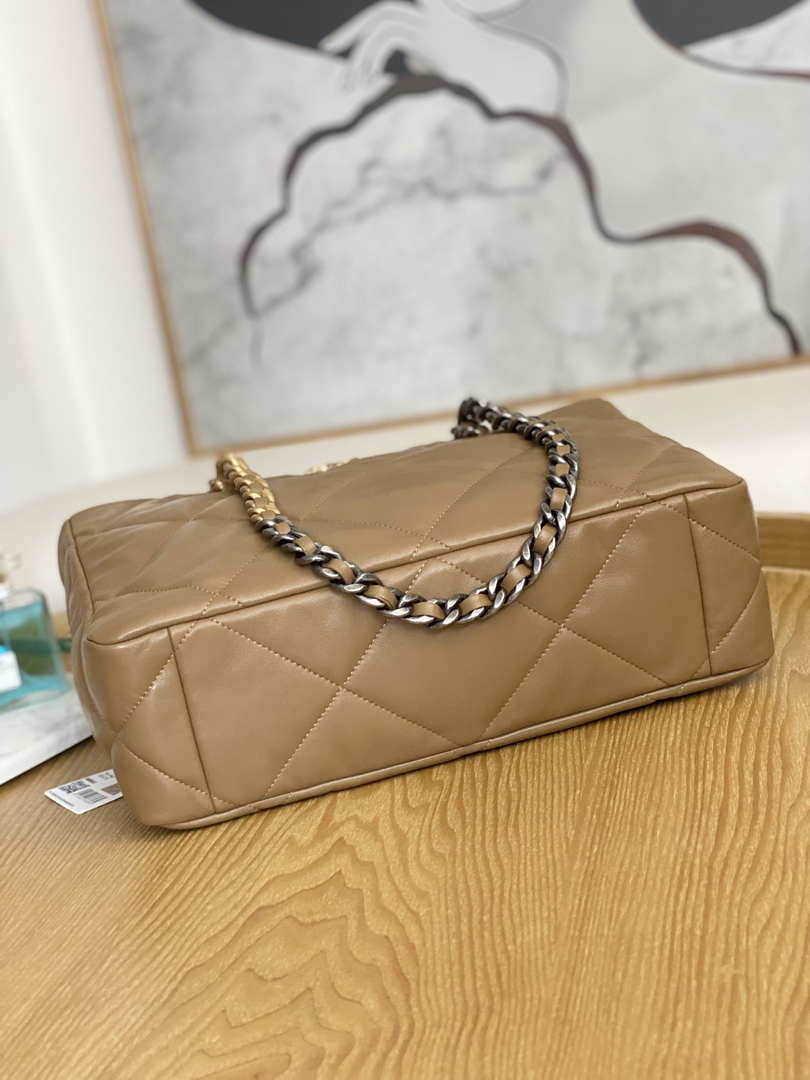 Chanel 19 Shopping Bag Shiny Lambskin AS3660 Gold-Tone  Silver-Tone & Ruthenium-Finish Metal Tan