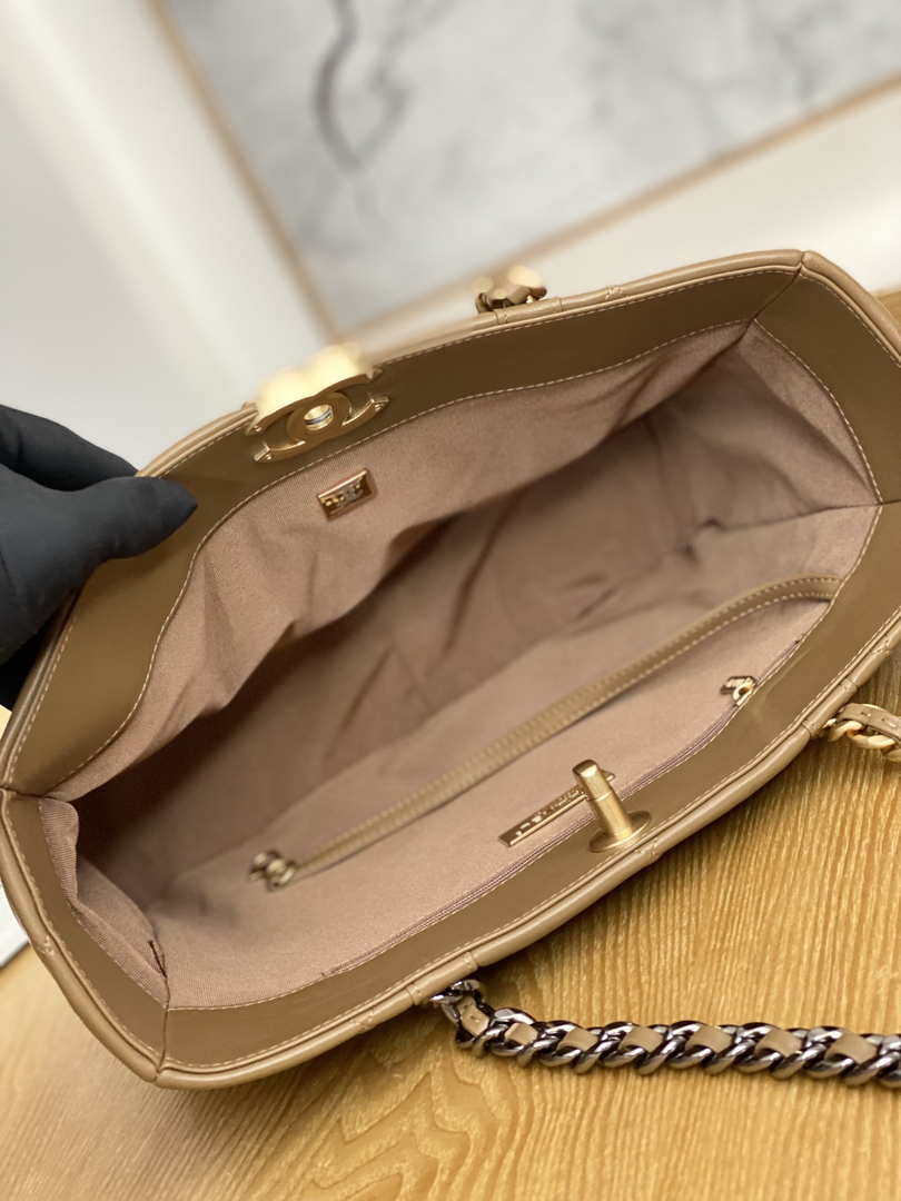 Chanel 19 Shopping Bag Shiny Lambskin AS3660 Gold-Tone  Silver-Tone & Ruthenium-Finish Metal Tan