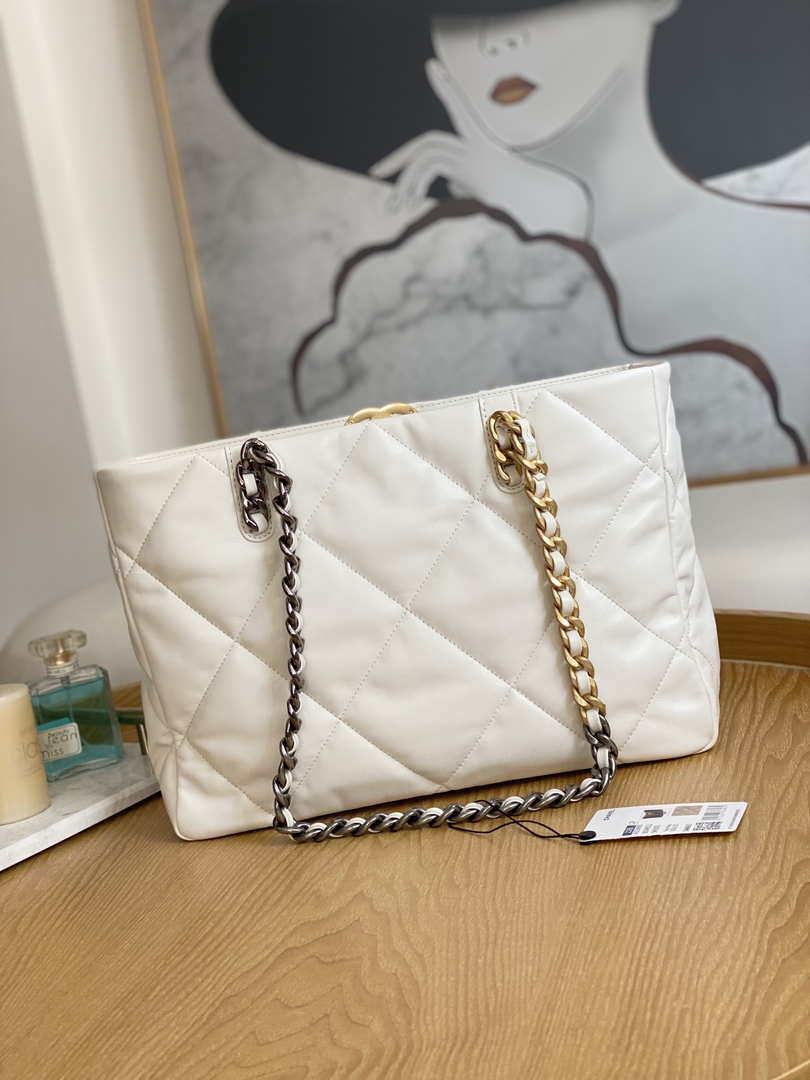 Chanel 19 Shopping Bag Shiny Lambskin AS3660 Gold-Tone  Silver-Tone & Ruthenium-Finish Metal White
