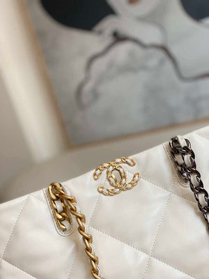 Chanel 19 Shopping Bag Shiny Lambskin AS3660 Gold-Tone  Silver-Tone & Ruthenium-Finish Metal White - Default Title - View 3