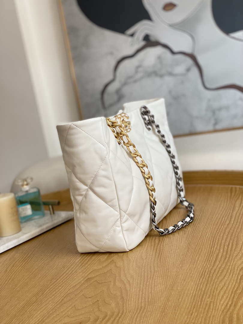 Chanel 19 Shopping Bag Shiny Lambskin AS3660 Gold-Tone  Silver-Tone & Ruthenium-Finish Metal White