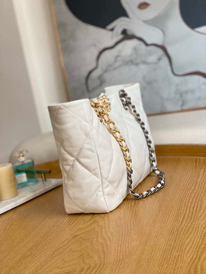 Chanel 19 Shopping Bag Shiny Lambskin AS3660 Gold-Tone  Silver-Tone & Ruthenium-Finish Metal White - Default Title - View 4