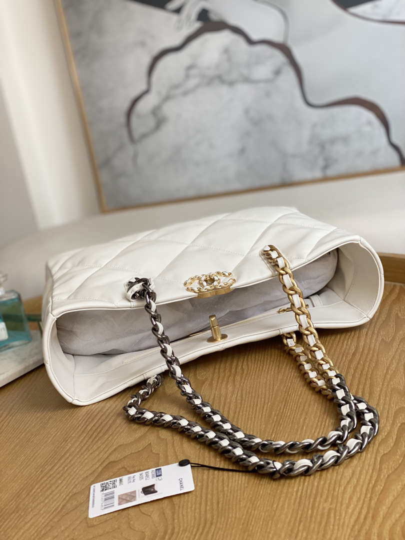 Chanel 19 Shopping Bag Shiny Lambskin AS3660 Gold-Tone  Silver-Tone & Ruthenium-Finish Metal White