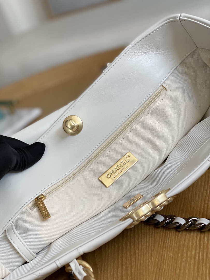 Chanel 19 Shopping Bag Shiny Lambskin AS3660 Gold-Tone  Silver-Tone & Ruthenium-Finish Metal White